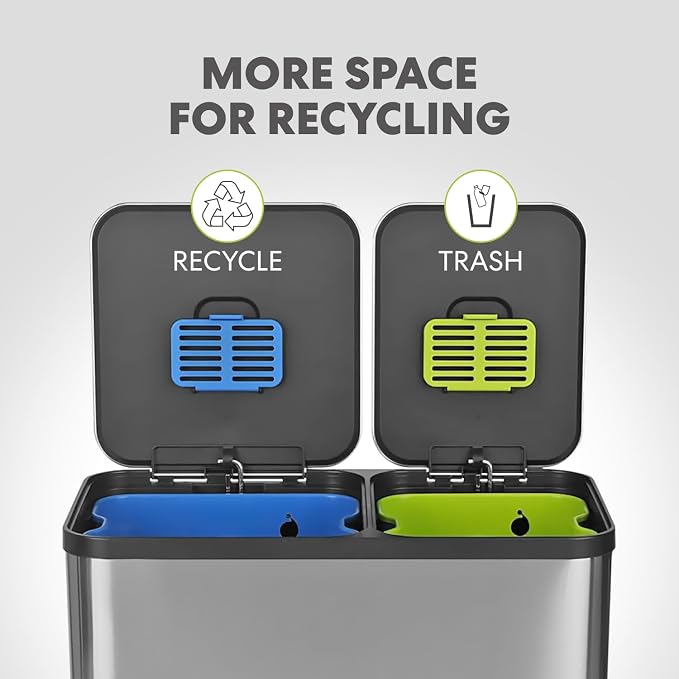 Simpli-Magic 18.5 Gallon (40L x 30L) Dual Compartment Step Trash Can – Kitchen Garbage Can with Waste & Recycling Bins – Slow-Close Lid, Odor Control, Hands-Free, Stainless Steel - Image 4