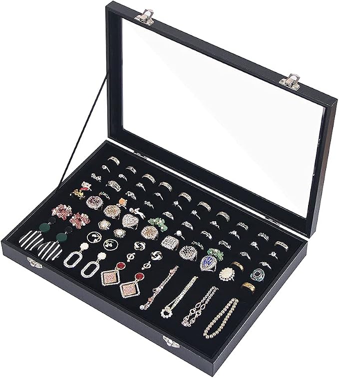 Ring Holder Organizer Box, Jewelry Display Case, Earring Necklace Storage Tray With Top Glass Lid (Black, 100 Slots) - Image 7