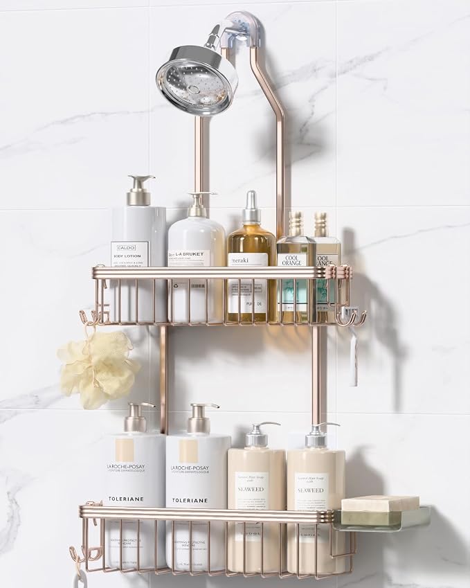 YASONIC Shower Caddy Hanging, Never Rust Shower Organizer Hanging, Aluminum Shower Racks for Inside Shower with Hooks for Razor, Bathroom Organizers and Storage with Soap Holder, Rose Gold by YASONIC
