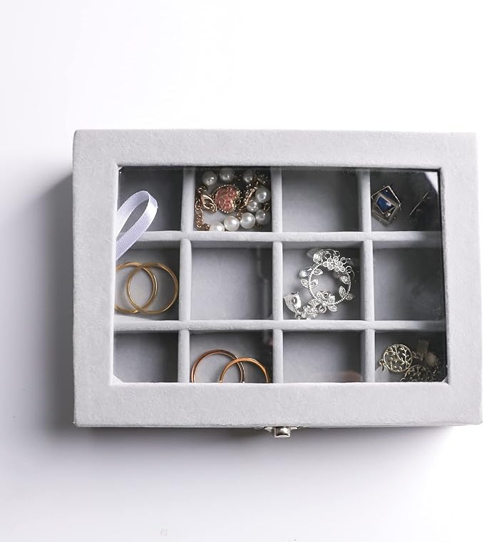 Frebeauty Jewelry Organizer Tray with Clear Lid, 12 Grid Velvet Drawer Insert Storage Box with Transparent Lid Display Case Gift for Women (Grey, 12 Grid) - Image 5