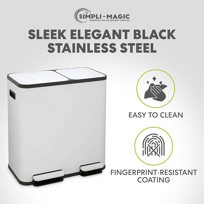 Simpli-Magic 70 Liter / 18.5 Gallon Rectangular Hands-Free Dual Compartment Recycling Kitchen Step Trash Can with Soft-Close Single Lid, Stainless Steel (40L x 30L Capacity), White - Image 8
