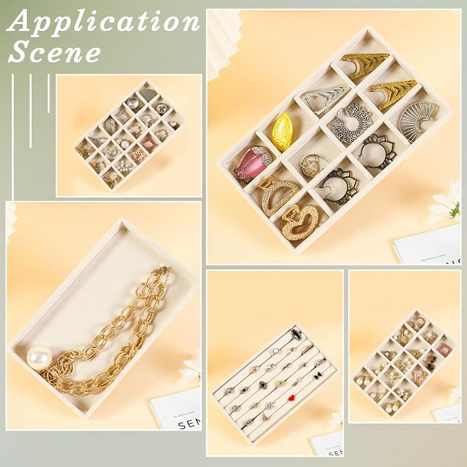2Pcs 5 x 8.3 Inch Stackable Jewelry Trays Earring Holder Organizer Antique White 15 Grids Velvet Dresser Jewelry Drawer with Removable Divider for Bracelet Ring Watch Trinket Display Showcase - Image 5