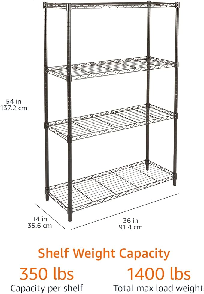 Amazon Basics 4-Shelf Adjustable Heavy Duty Steel Wire Rack Storage Shelving, Sturdy Garage Shelving, 350 lbs Capacity Per Shelf, Easy No-Tool Assembly, 36" x 14" x 54", Black | Heavy Duty, Adjustable, for Kitchen, Garage, Storage, Shelving Organizer - Image 3