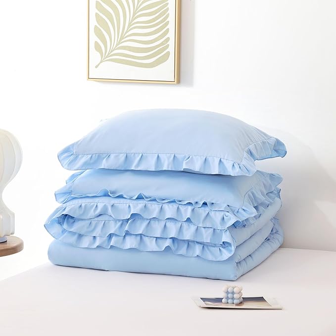 JANZAA Ruffle Light Blue Comforter Set King Size Comforter 3PCS 1 Emerald Comforter and 2 Pillowcases Vintage Farmhouse Shabby Chic Bedding Soft Fluffy Comforter Set All Season (Light Blue, King)