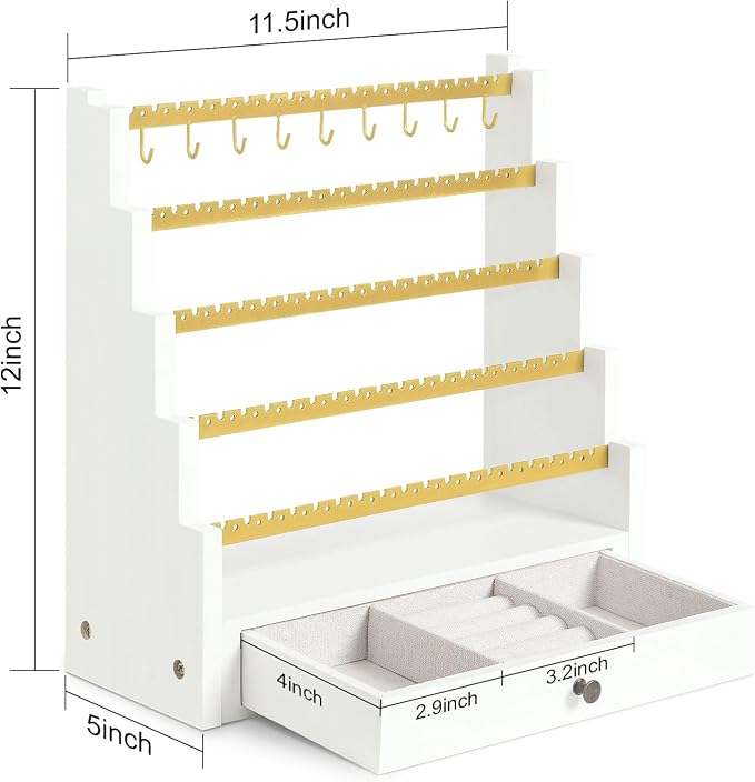 Pinzoveco Earring Organizer, 5 Layer Earring Holder Organizer with Metal Necklace Holder Pole, Rustic Wood Jewelry Organizer Stand Display for Stud Earring Bracelet Necklace Ring, 175 Earring Holes - Image 3
