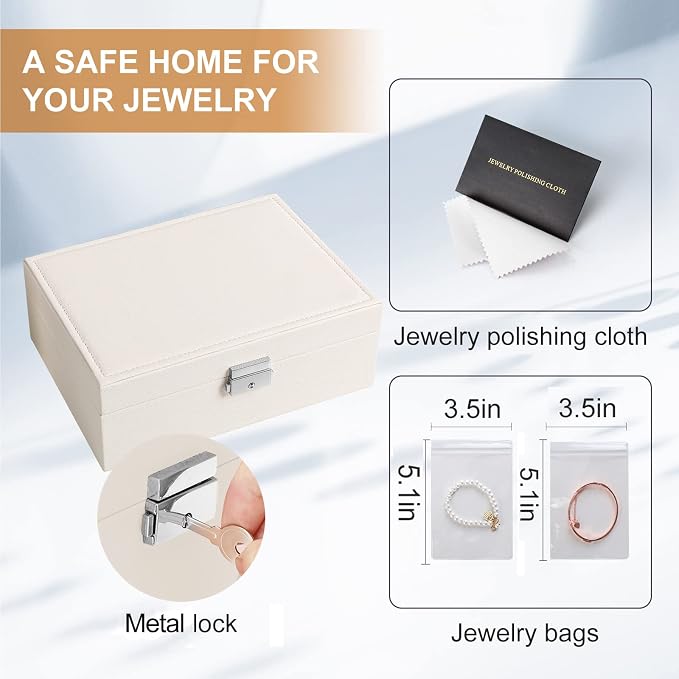 Jewelry Box Organizer for Women Girls 2 Layer Leather Travel Jewelry Storage Case with Lock and Removable Tray for Necklace Earrings Rings Bracelets Gift, Come with Polishing Cloth and Jewelry Bags - Image 4