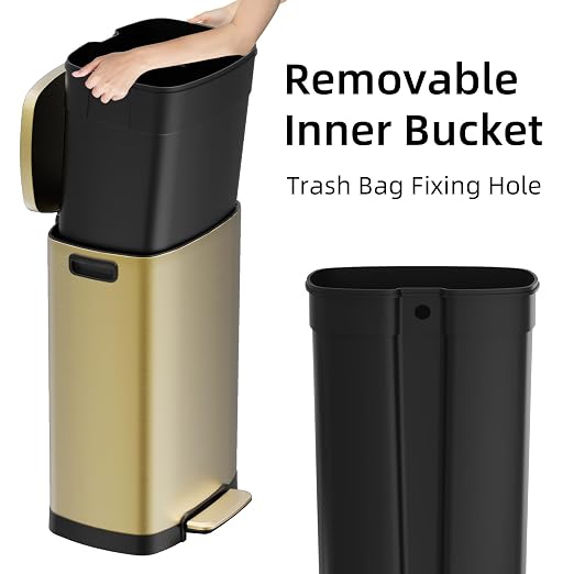 KUK 13 Gallon/50L Stainless Steel Kitchen Trash Can with Lid and Step Pedal-Large Capacity Garbage Bin with Odor Seal, Silent Close Lid, Removable Inner Bucket, Titanium Gold - Image 4