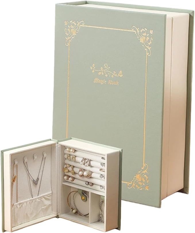 Book Jewelry Organizer Box with Magnetic Closure, PU Leather Double-Sided Jewelry Storage for Rings Necklaces Earring, Travle Jewelry Case Gift for Mom by WEIKIMFF