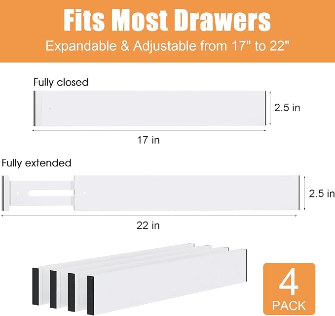 Bamboo Drawer Dividers,17-22" Adjustable Kitchen Drawer Organizer for Clothes,4 Pack Expandable Drawer Organization Separators for Bedroom,Bathroom,Dresser and Office,White - Image 3