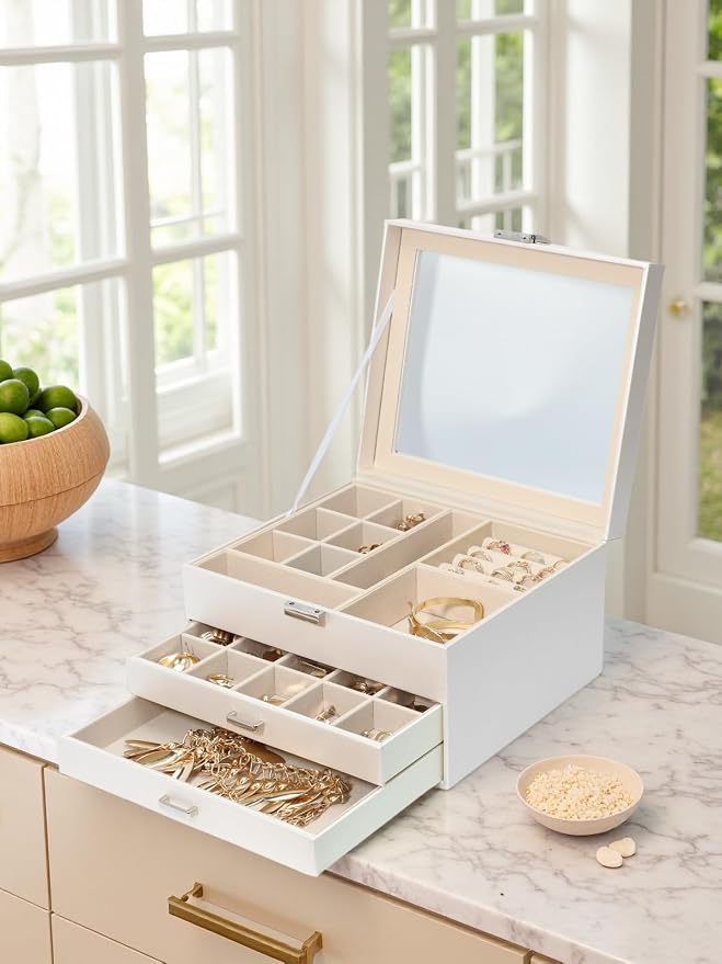 Clear Lid Jewelry Box,3 Layers Jewelry Organizer Large Multi-Functional Jewelry Storage Box with 2 Drawers,Jewelry Display Case of Rings Earrings Necklace Bracelets for Women Girls (Light gold) - Image 7
