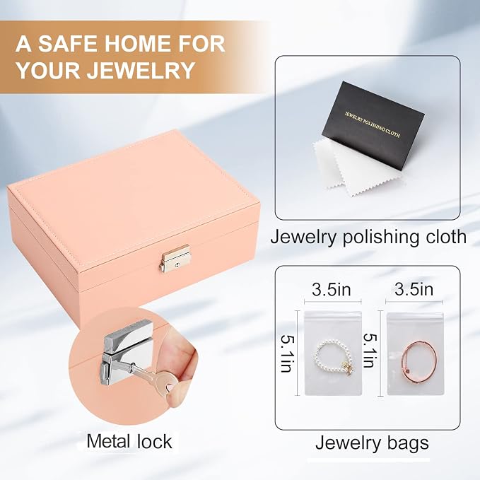 Jewelry Organizer Box, Leather Jewelry Box for Girls Gift Earring Organizer with Lock Double Layers Jewelry Case Removable Tray for Necklace Earring Ring with Polishing Cloth and Jewelry Bags - Image 5
