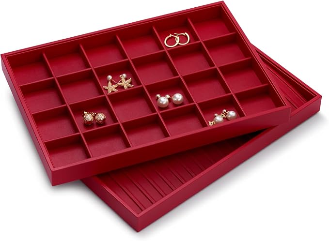 Oirlv Gorgeous Red Leather 24 Gird Jewelry Tray Stackable Jewelry Drawer Organizer Rings Earrings Organizer Storage - Image 4
