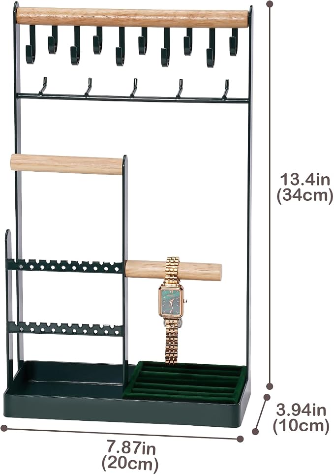 ProCase Jewelry Stand Holder Organizer, 5-Tier Necklace Holder with Ring Tray, 15 Hooks Necklaces Hanging Small Jewelry Display Storage Tower Tree for Bracelets Earrings Watches -Large, Green - Image 5