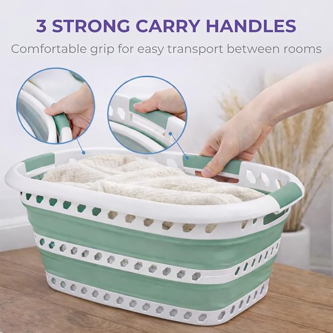 Laundry 360 Collapsible Laundry Basket | Portable | Space Saver Storage | Hold 2 Loads | Store Under the Bed or Closet | Good for Kids | Dorm | Bedroom | Large | White/Sage - Image 4