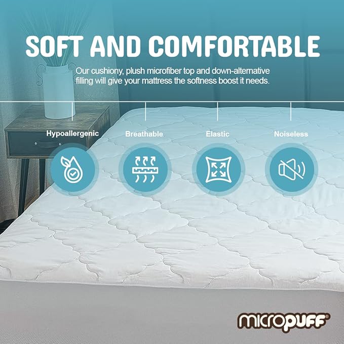Micropuff Fitted Mattress Pad - California King Size (72" x 84") Mattress Pad - Soft and Comfortable Fitted Mattress Protector - Mattress Cover Stretches 15 to 18 Inches Deep - Easy to Wash