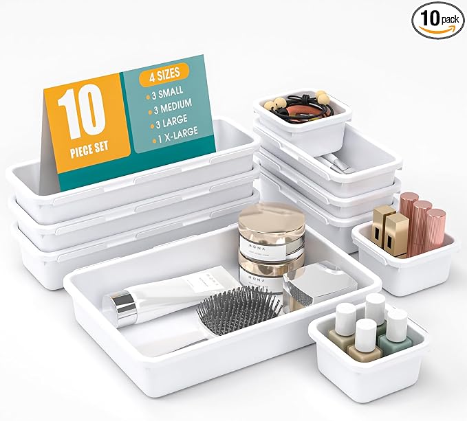 10 PCS Drawer Organizer Set, 4 Size Makeup Drawer Divider Organizer With Non-Slip Pads, Interlocking Plastic Storage Bins for Office,Jewelry Vanity,Gadgets, Bathroom,Kitchen, White by StoreHappily