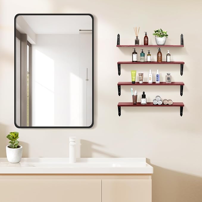 ROMGUAR CRAFT Wood Floating Shelves Set of 4, Rustic Storage Decor Wall Shelves, Wall Mounted Shelf for Living Room, Bedroom 23.6" x 6", Red - Image 6
