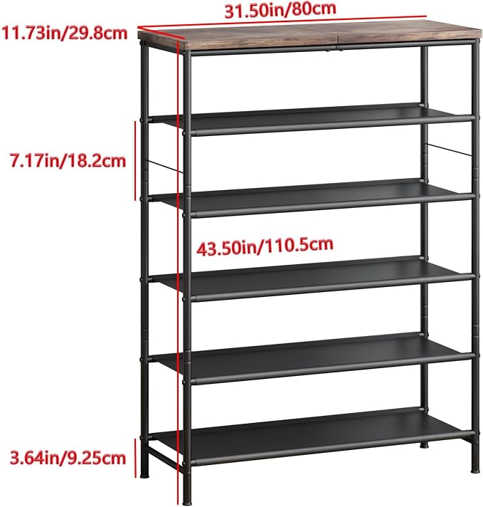 INGIORDAR Shoe Rack Organizer 6 Tier Metal Organizer Shelf with Industrial MDF Board and Layer Fabric for Entryway Closet Bedroom Living Room Garage,Black & Rustic Brown (Black+Rustic Brown, 6 Tier) - Image 3