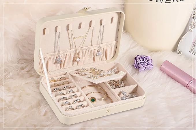LANDICI Small Jewelry Box for Women Girls, PU Leather Travel Jewelry Case, Portable Jewelry Organizer Storage Holder Display for Ring Earrings Necklace Bracelet Brooch Men Kids Gift, Apricot - Image 8