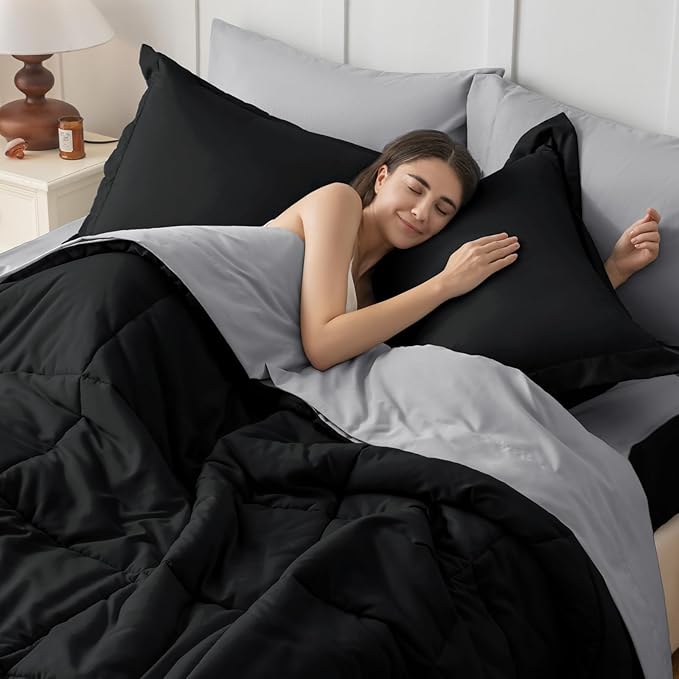 JOLLYVOGUE Queen Comforter Set, Ultra-Soft Bed in a Bag Queen Size 7 Pieces, Oeko-TEX Certified Bedding Set with Down Alternative Comforter, Sheets, Pillowcases & Shams, Black & Light Grey
