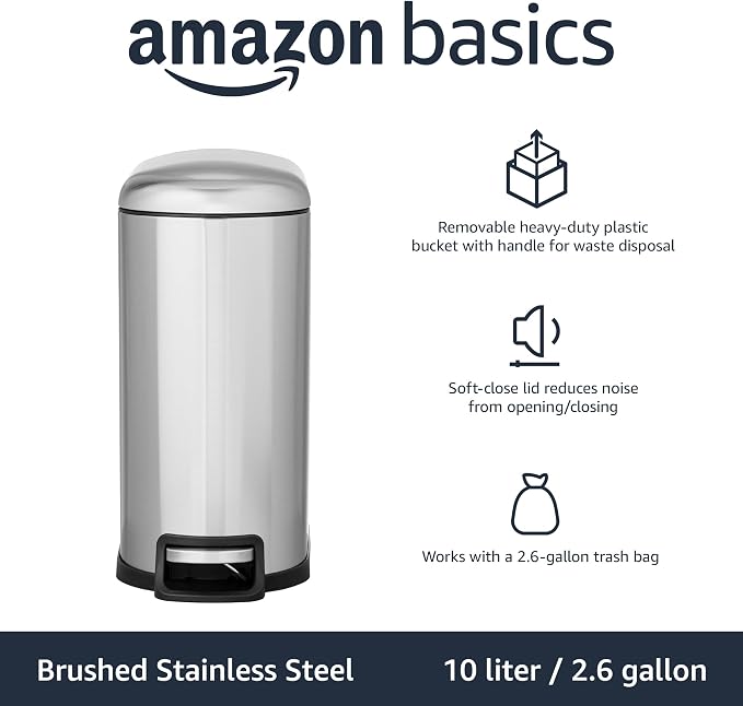 Amazon Basics D-Shaped Small Trash Can with Soft-Close Step Pedal, Removable Inner Bucket, Carrying Handle, Smudge Resistant, 10 l / 2.6 gallon, Silver - Image 2