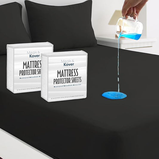2 Pack Full Size Mattress Protector Waterproof Cover, Waterproof Bed Full Fitted Sheet Only, Machine Washable 14" Deep Pocket Mattress Covers for Double Bed, Black