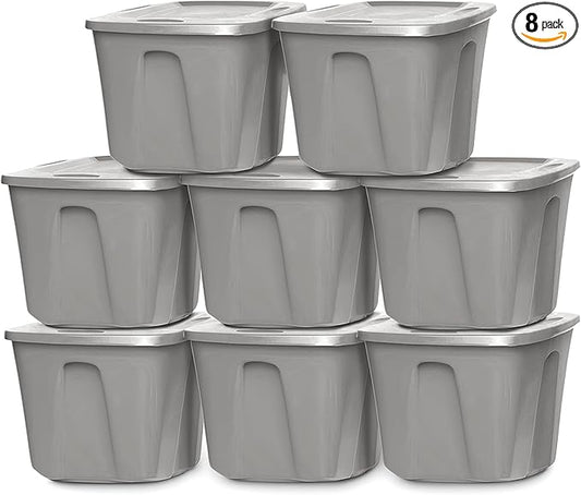 HOMZ 8-Pack Durable Molded Bin, Plastic Storage Containers with Lids, 10 Gallon, Silver - Stackable Organizer Totes and Boxes for Bedroom, Kitchen, and Garage Organization