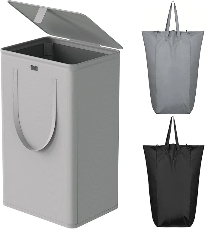 WOWLIVE 100L Laundry Hamper with Lid, Large Foldbale Laundry Basket with 2 Removable Bags and Handles, Tall Collapsible Dirty Clothes Hamper for Laundry Room, Bathroom, Dorm (Grey) by WOWLIVE