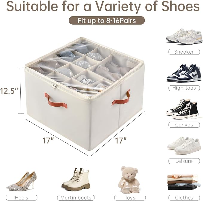 INSTY Shoe Organizer for Closet, 2 Pack Foldable Shoe Storage Containers, Fits up to 16-32 Pairs, Adjustable Dividers for Shoe Organizer, Fabric Shoe Storage Bins with Clear Cover, Beige - Image 2