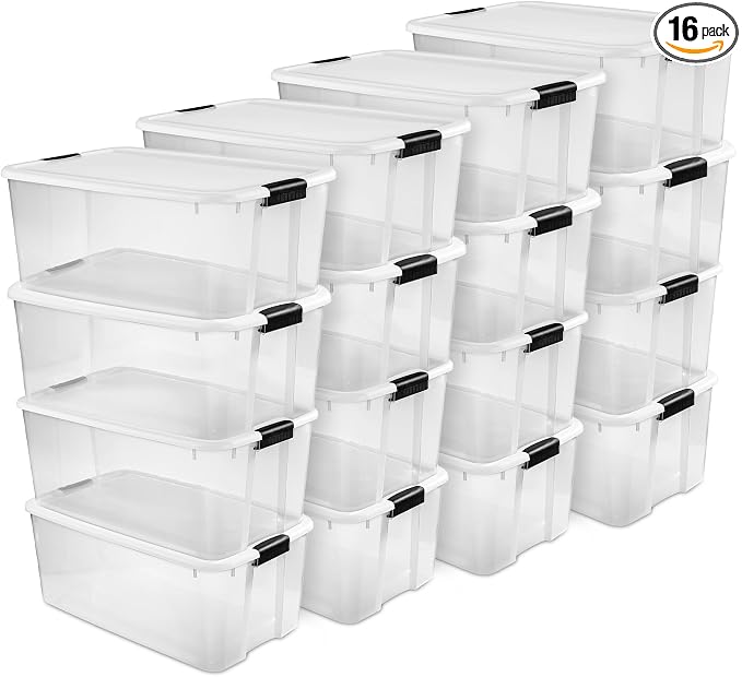 Sterilite 16-Pack Ultra Latching Box, Storage Bins with Lids, Clear Plastic, 116 Quart - Heavy-Duty Organizing Containers for Closet, Bathroom, and Office by Sterilite