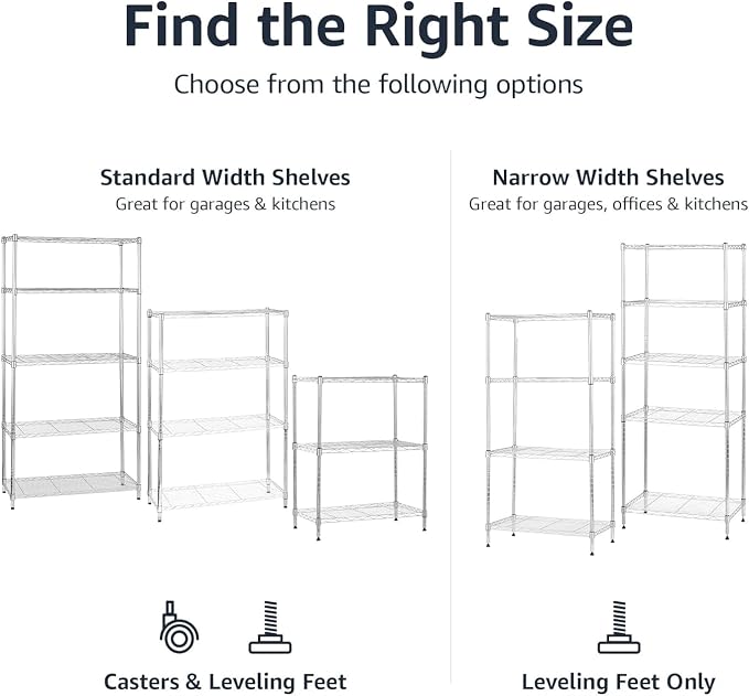 Amazon Basics 3-Shelf Adjustable Heavy Duty Steel Wire Shelving Rack with Chrome Finish, No-Tool Assembly, 250 lbs per Shelf, 23.2" L x 13.4" W x 30" H - Image 6