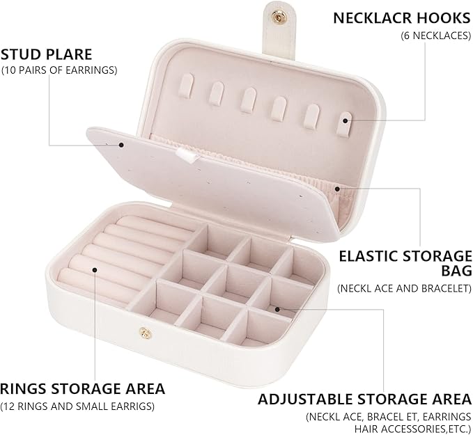 FEISCON Travel Jewelry Box, Jewelry Organizer for Girls Gift Small Jewelry Storage Box for Necklace Ring and Earrings Girls Jewelry Box/WHITE - Image 3
