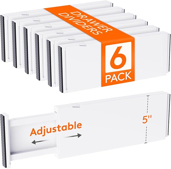 Lifewit 6 Pack 5" High Drawer Dividers 34-56cm/13.5-22" Adjustable Drawer Organizer for Clothes/Utensils, Expandable Drawer Separator in Dresser/Kitchen/Bedroom/Office Organization & Storage White by Lifewit