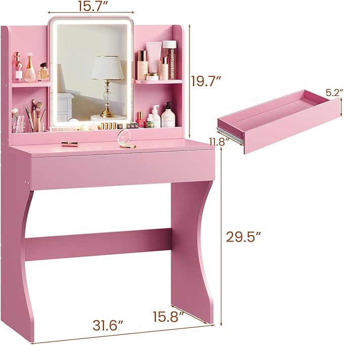 Small Vanity Desk with Mirror and Lights, Makeup Vanity with Storage Drawer, 2 Shelves and 3 Compartments - Pink