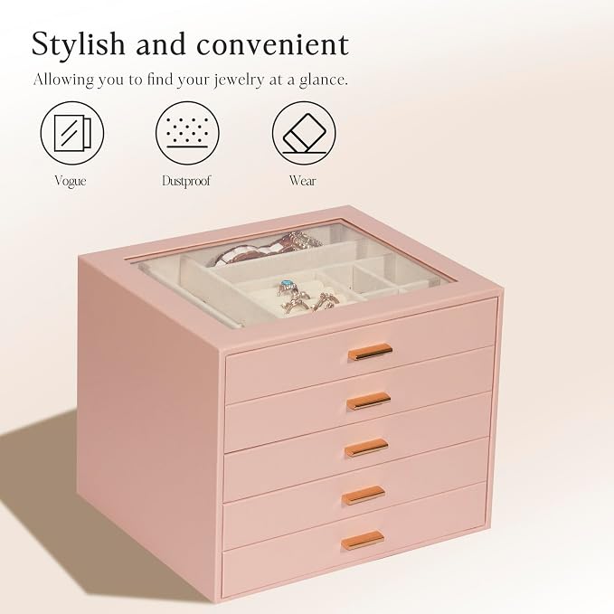 Jewelry Box with Glass Lid, 5-Layer Jewelry Organizer for Women Girls, PU Leather Display Case with 20-Grid Earring Tray & Movable Dividers for Necklaces Rings,Pink - Image 5