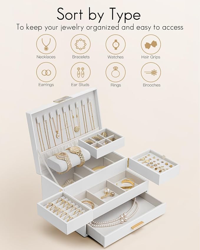 Vlando 3 Layer Jewelry Box - Women Jewelry Box with Retractable Tray - Jewelry Organizers with Drawer for Necklaces, Rings, Bracelets, Earrings, Gift for Couples Mom Girls - White - Image 3