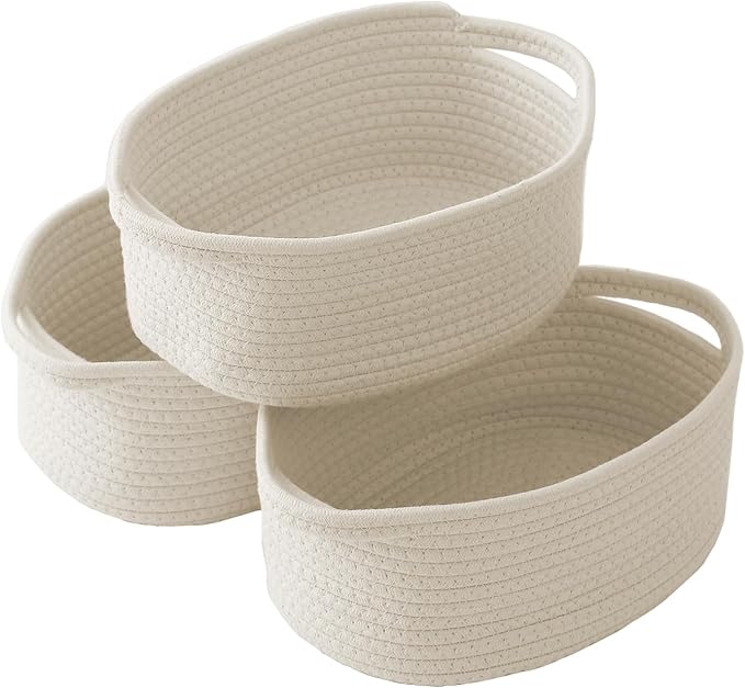 JMvicyroam Woven Basket,Small Rope Storage Bin with Handles & Ribbon Bag, Organizer for Shelves Closets,Gift Basket Empty for Birthday,Books,Dog Toys,White/3 Pack by JMvicyroam