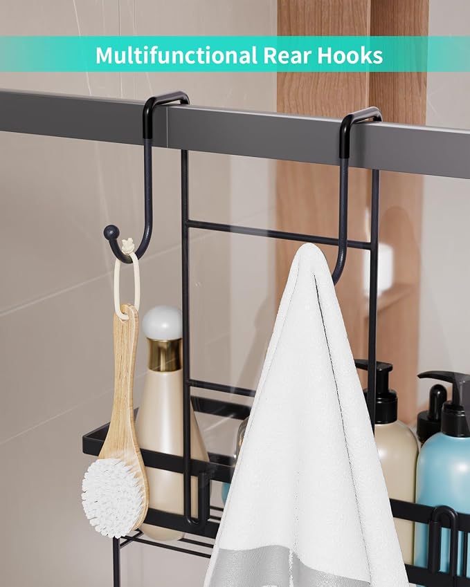 HapiRm Hanging Shower Caddy Over the Door with 14 Hooks and Soap Holder, No Drilling Adhesive Shower Storage, Rustproof & Waterproof Stainless Steel Bathroom Shelves - Black - Image 5