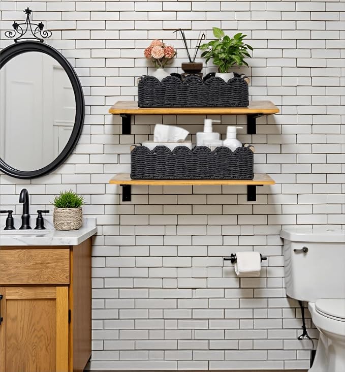 CubesLand Toilet Paper Storage Basket, Scalloped Edge Shelves Basket for Organizing for Over Toilet Tank Storage, Home Decor Baskets for Shelf, Countertop, Living Room, Bedroom, Handwoven, Black - Image 2