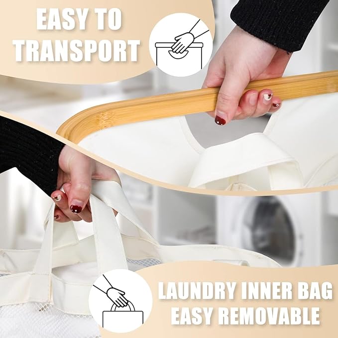 Extra Large 3 Section Dirty Clothes Laundry Basket with Lid, Dirty Clothes Hampers with Removable Bags for Bedroom and Laundry Room, Beige - Image 5
