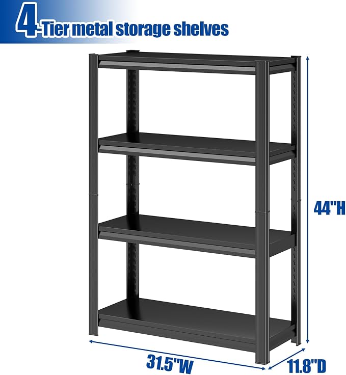 PRESTELION 4 Tier Storage Shelves 800LBS Metal Heavy-Duty Shelving Adjustable Shelving Unit for Laundry Bathroom Kitchen Pantry Closet Garage Office Black（44" H×31.5" W×11.8" D） - Image 2