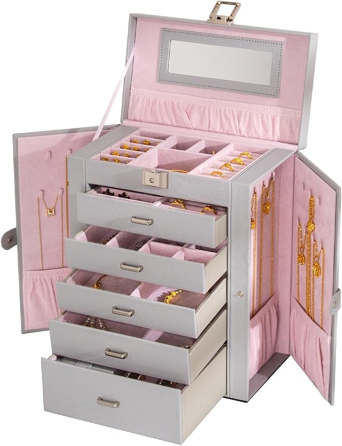 Large Jewelry Box,5-Tier PU Leather Jewelry Organizer with Lock,Multi-functional Storage Case with Mirror,Jewelry Organizer for Bracelets, Earrings, Rings, Necklaces, Mothers Day (GRAY) by FEIYANJewelryBox