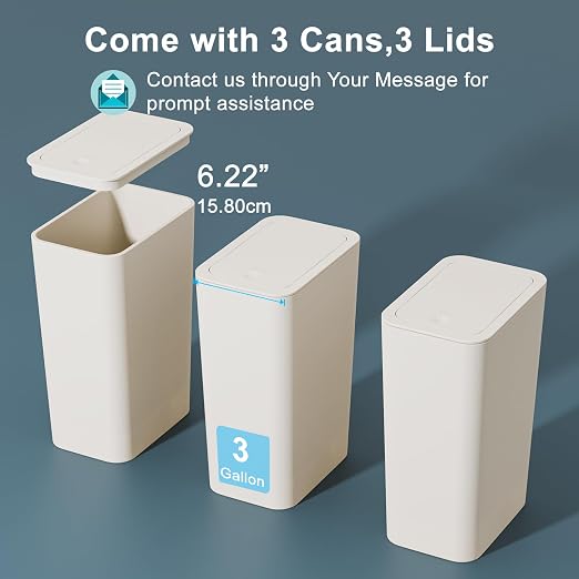 N. NETDOT 3 Pack Small Trash Can with lid, 3 Gallon Bathroom Trash Can,Garbage Can Slim Trash Bin Waste Basket for Bathroom,Kitchen,Bedroom,Living Room,Office,Laundry - Off White - Image 7