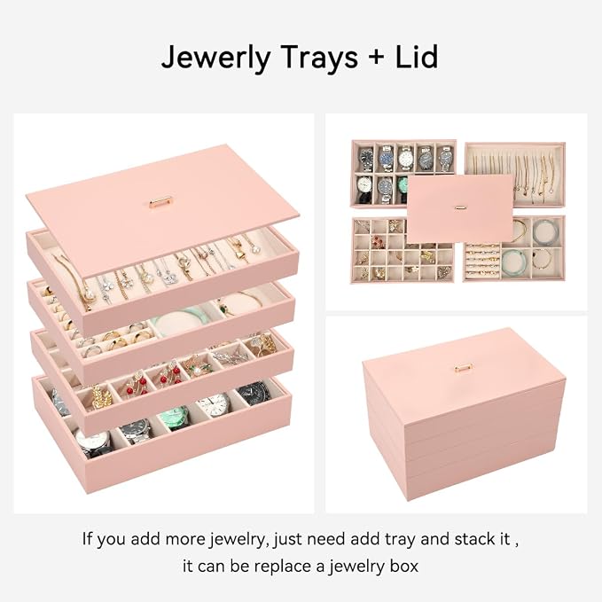 Voova Stackable Jewelry Organizer Tray with Lid, PU Leather Jewelry Storage Holder for Drawer Inserts, Jewellery Display Box Case for Earring Necklace Ring Watch Bracelet (Set of 4, Pink) - Image 3