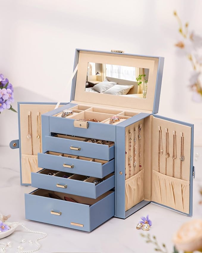 Homde Synthetic Leather Huge Jewelry Box Mirrored Watch Organizer Necklace Ring Earring Storage Lockable Gift Case (Grey Blue + Gold) - Image 8