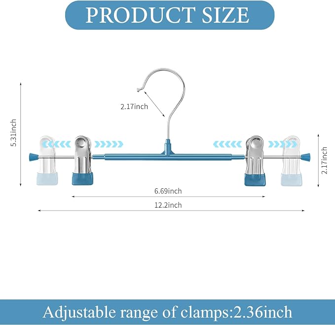 Pants Hangers with Clips 10 Pack Adjustable Skirt Hangers for Women Non-Slip Trousers Hanger for Jeans Clothes Hangers for Pants Heavy Duty Space Saving Shorts Hangers,Blue,12Inch - Image 6