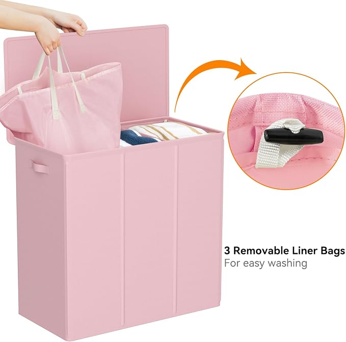 WOWLIVE 180L Laundry Hamper with Lid 3 Section,Large Laundry Basket with Removable Bags and Handles,Collapsible Dirty Clothes Hampers for Laundry,Laundry Basket Organizer for Laundry Room,Dorm,Pink - Image 6