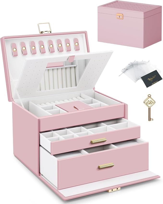DesignSter Jewelry Box for Women Girl, 3-layer Lockable Jewelry Organizer with Mirror, Large Leather Jewelry Case for Earring Necklace Ring Bracelet Watch by DesignSter