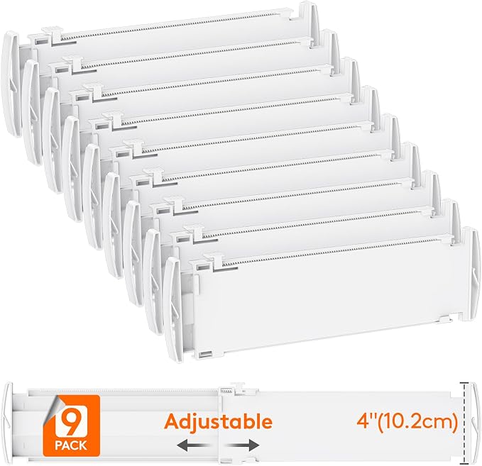 Lifewit 4" Tall 9 Pack Drawer Dividers, 35-56.5cm/13.8-22.2" Expandable Drawer Divider for Clothes, Adjustable Dresser Drawer Organizers, Drawers Separators for Dresser/Bathroom/Closet/Kitchen White by Lifewit