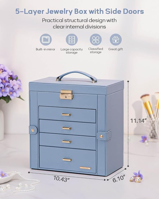 Homde Synthetic Leather Huge Jewelry Box Mirrored Watch Organizer Necklace Ring Earring Storage Lockable Gift Case (Grey Blue + Gold) - Image 2